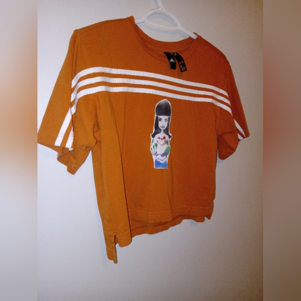 Adidas Orange Short Sleeve Tee with Triple Stripes. Hand Dyed Custom Patch. - Picture 3 of 4